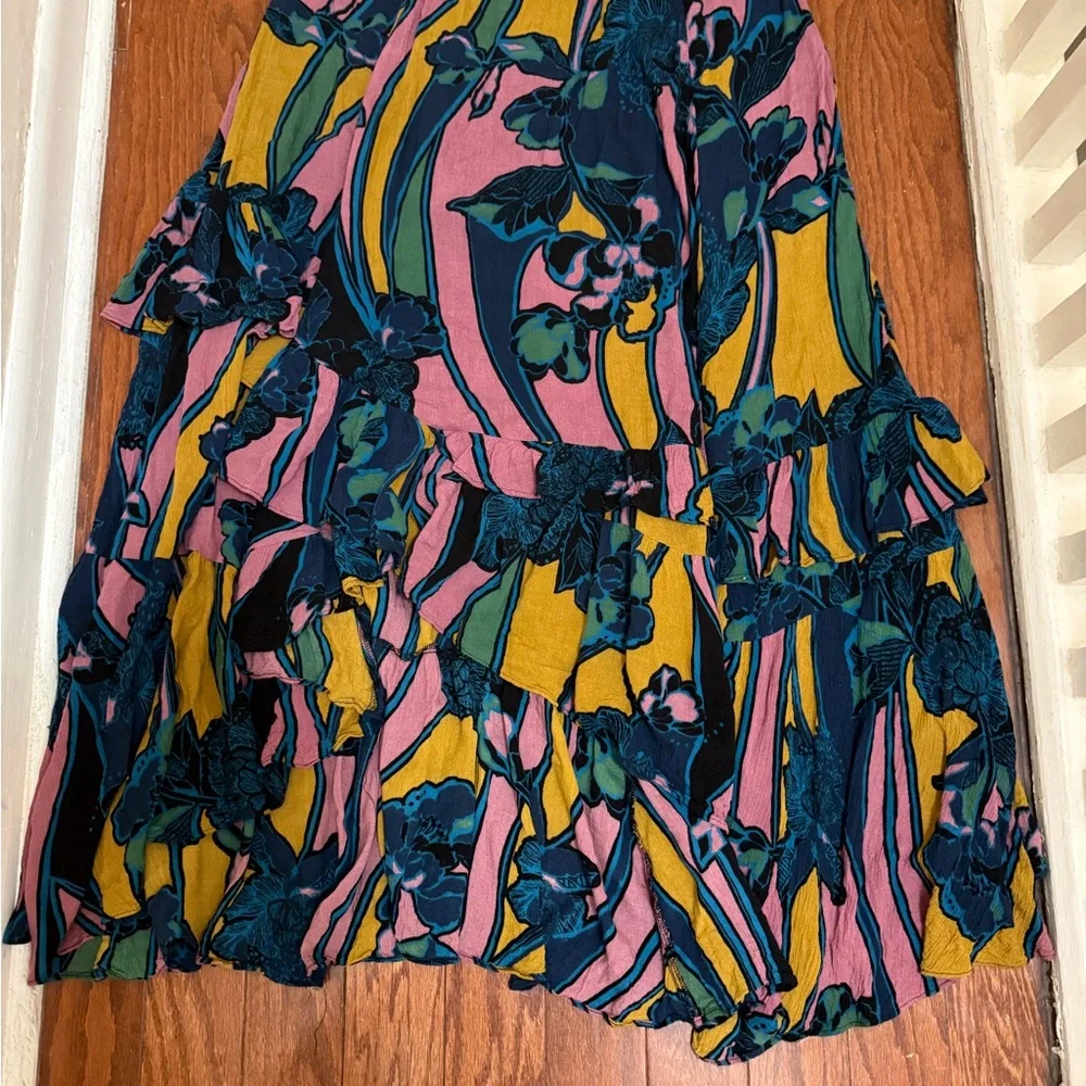Free People Floral Ruffle Maxi Skirt Pink Yellow Teal Boho Tiered Size 6 - Picture 1 of 6